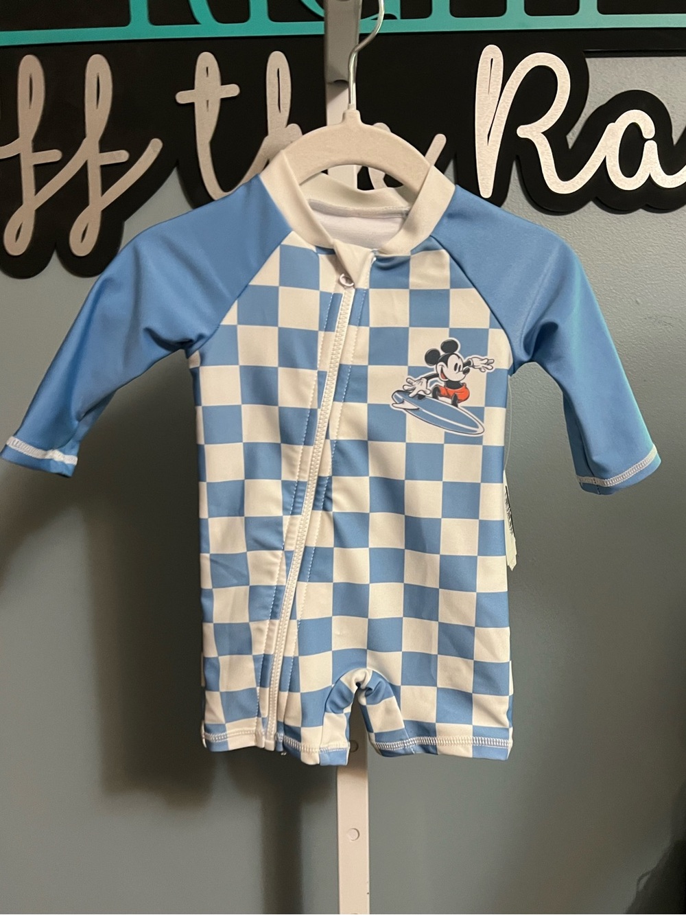 Disney Baby Mickey Mouse Blue & White Checkerboard Rash Guard One-Piece NWT